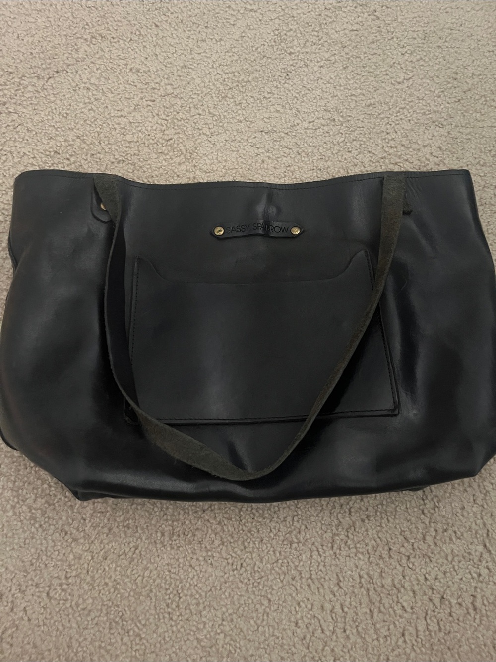 Sassy Sparrow Black Leather Tote with Front Pocket